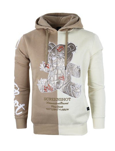 COLOR BLOCK BEAR FLEECE HOODIE-H1113 (KH/CREAM)