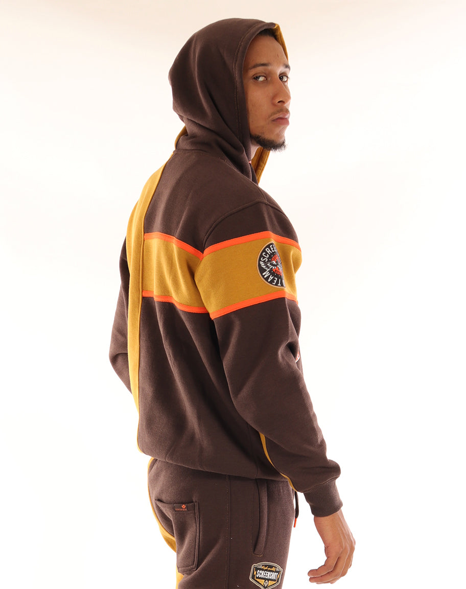 RACING COLOR BLOCK FLEECE HOODIE-H11461 (BROWN/KHAKI