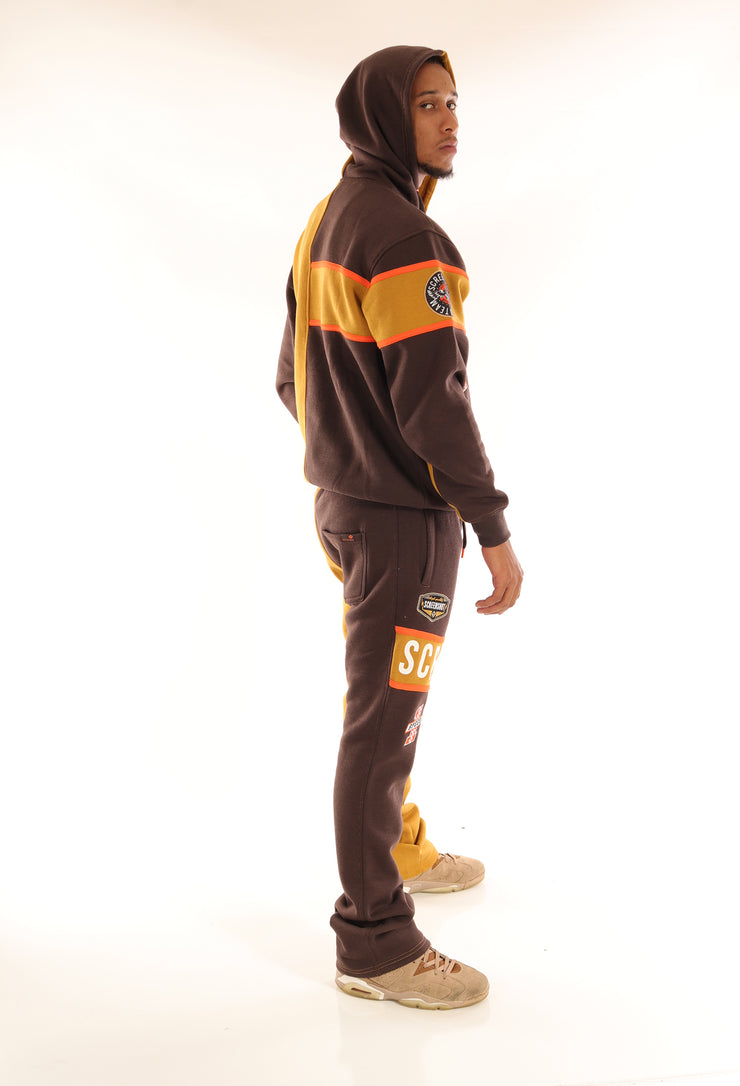 RACING COLOR BLOCK FLEECE PANTS-P11461 (BROWN/KHAKI)