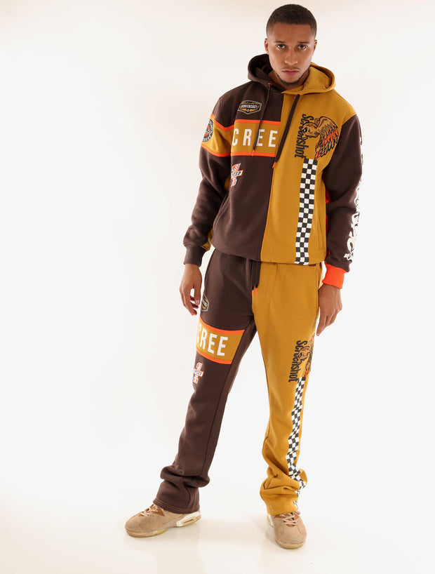 RACING COLOR BLOCK FLEECE HOODIE-H11461 (BROWN/KHAKI)