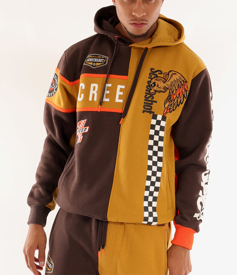 RACING COLOR BLOCK FLEECE HOODIE-H11461 (BROWN/KHAKI