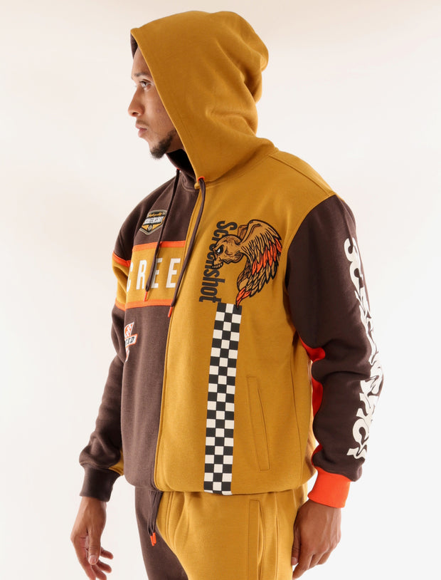 RACING COLOR BLOCK FLEECE HOODIE-H11461 (BROWN/KHAKI)