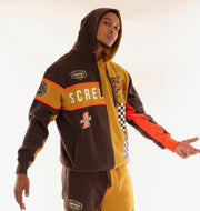 RACING COLOR BLOCK FLEECE HOODIE-H11461 (BROWN/KHAKI)