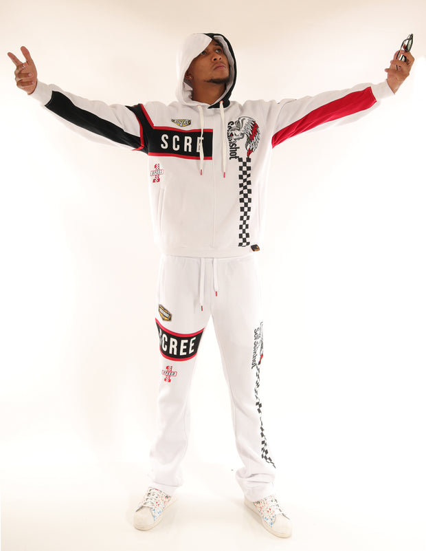 RACING COLOR BLOCK FLEECE HOODIE-H11461 (WHITE/BLACK)