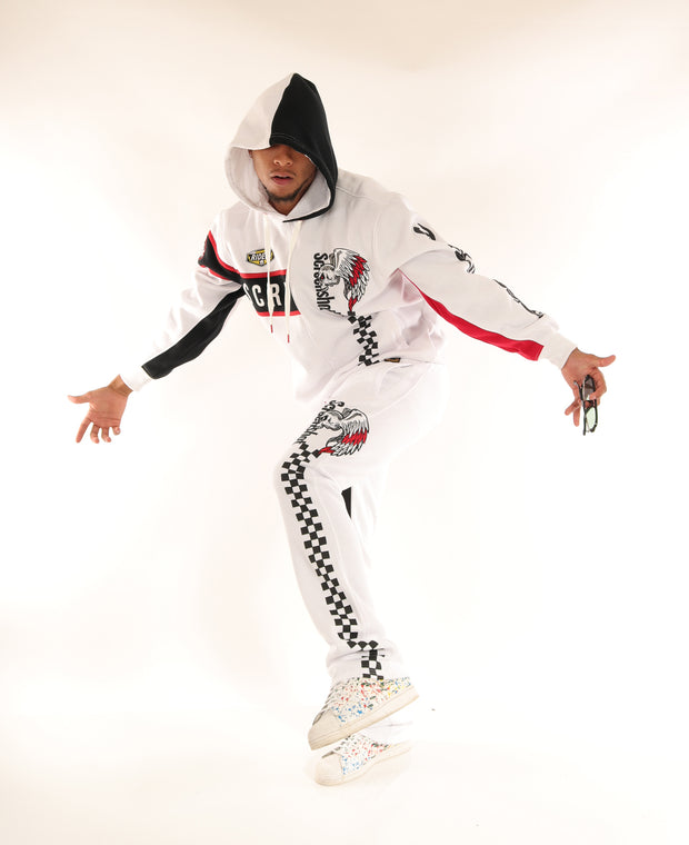 RACING COLOR BLOCK FLEECE HOODIE-H11461 (WHITE/BLACK)