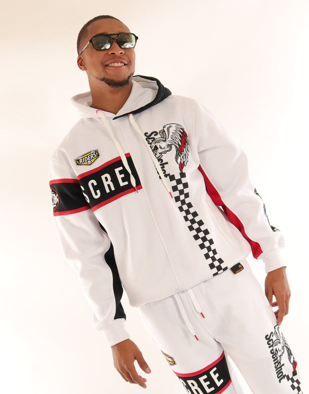 RACING COLOR BLOCK FLEECE HOODIE-H11461 (WHITE/BLACK)