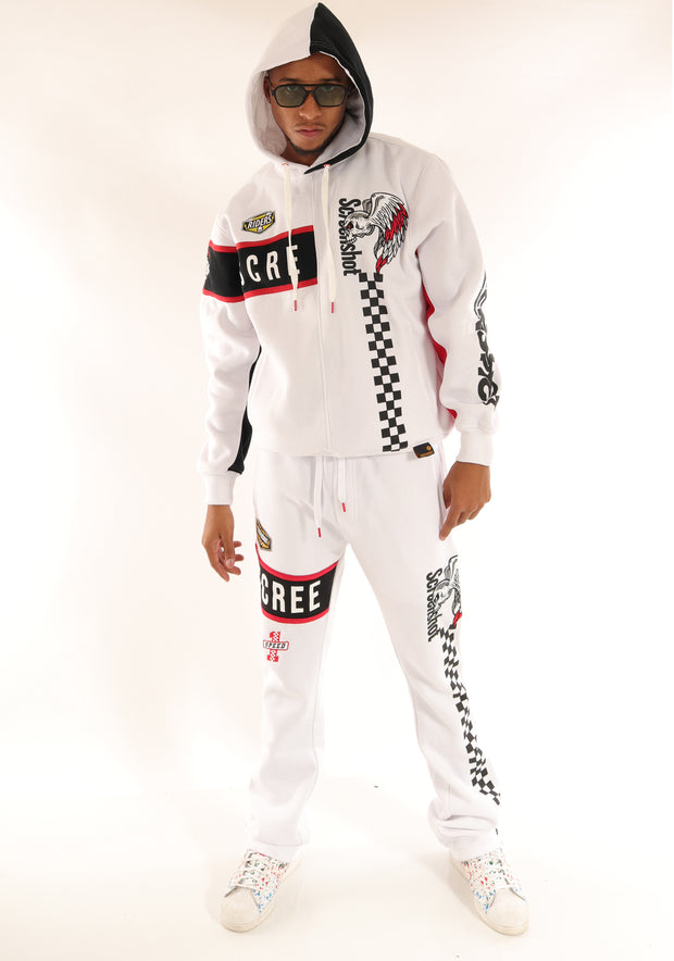 RACING COLOR BLOCK FLEECE HOODIE-H11461 (WHITE/BLACK)