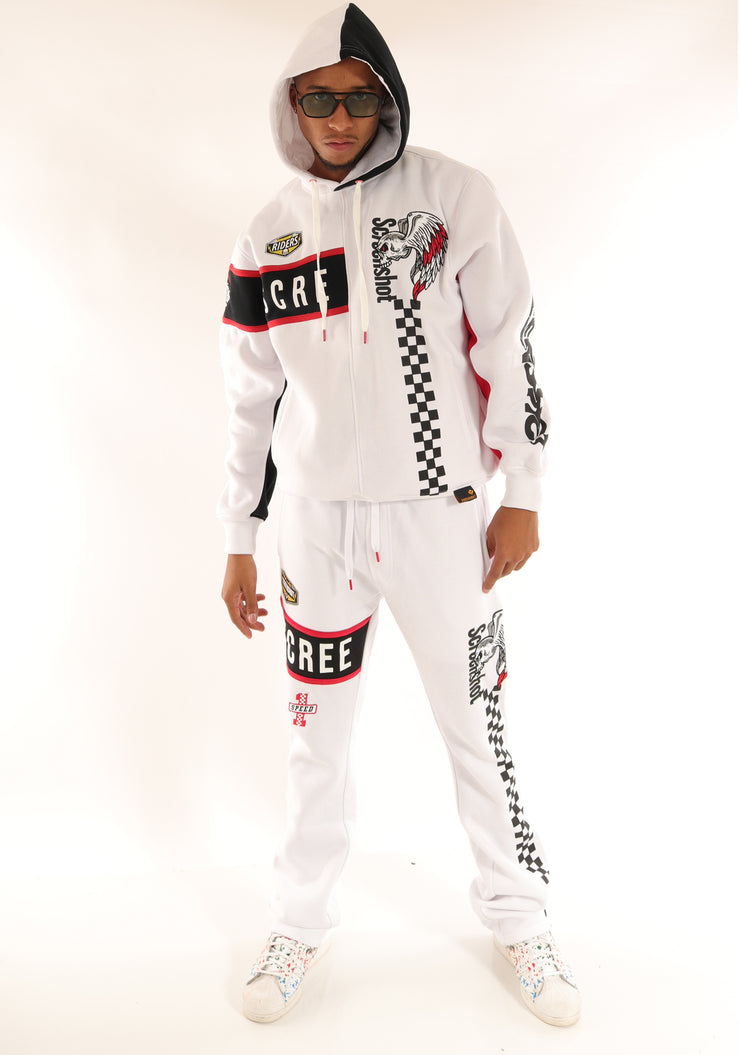 RACING COLOR BLOCK FLEECE PANTS-P11461 (WHITE/BLACK)