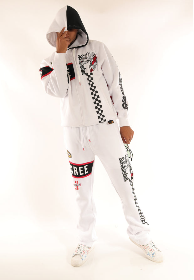 RACING COLOR BLOCK FLEECE HOODIE-H11461 (WHITE/BLACK)