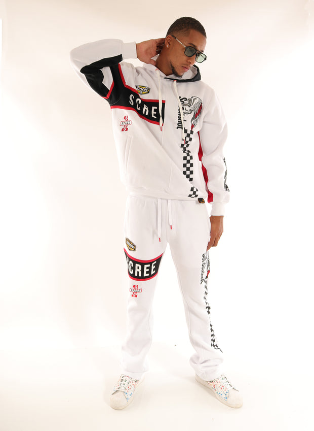 RACING COLOR BLOCK FLEECE PANTS-P11461 (WHITE/BLACK)