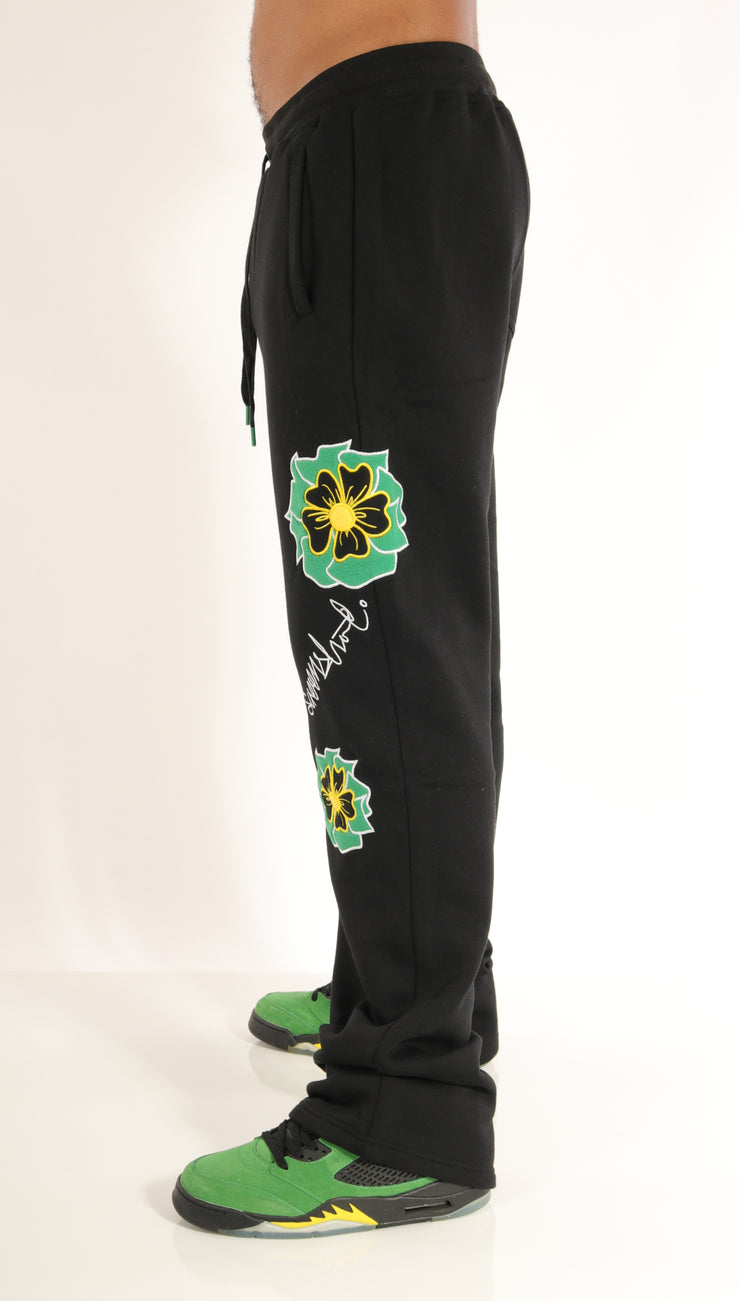 Flower Embroidery FLEECE PANTS - P11351 (BLACK) – Screenshotbrand
