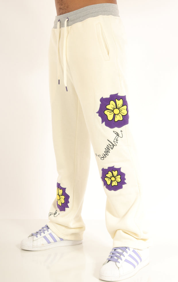 Flower Embroidery FLEECE PANTS - P11351 (CREAM)