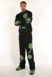 Flower Embroidery FLEECE PANTS - P11351 (BLACK)