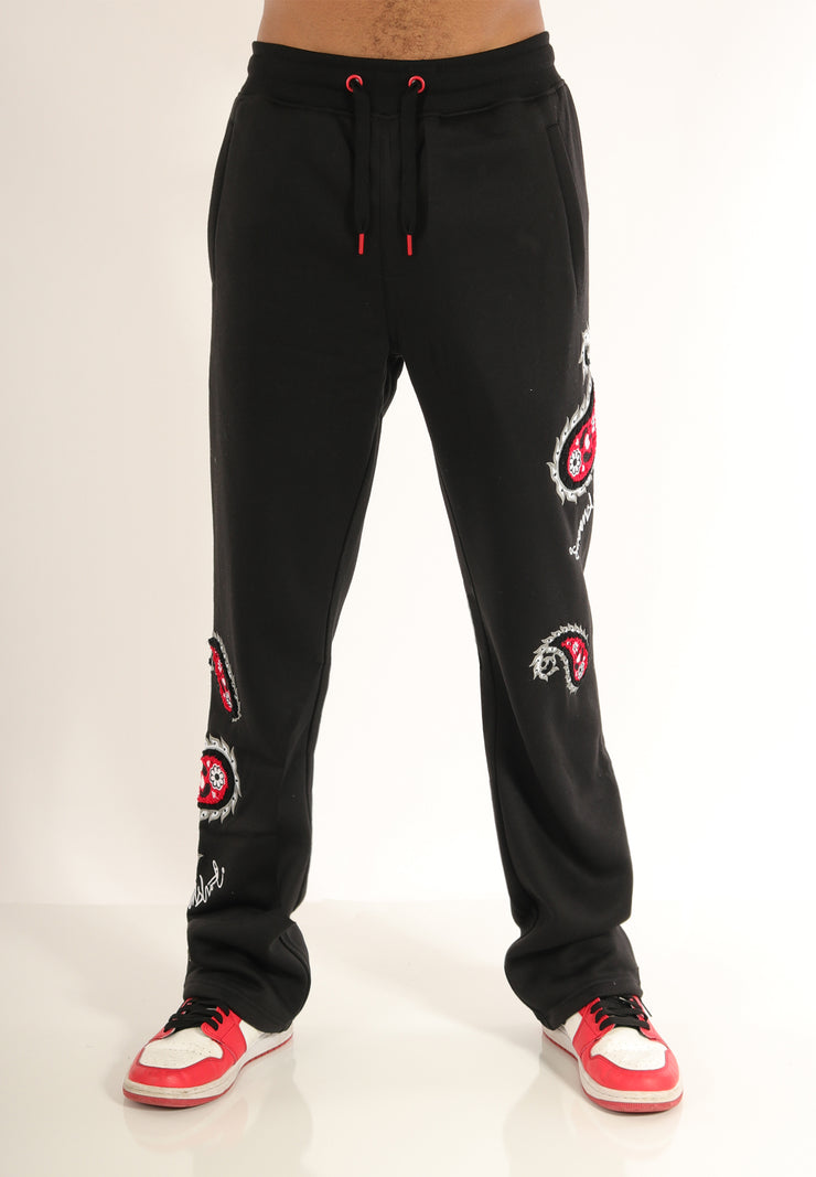P11358 PAISLEY CHENILLE EMBROIDERY FLEECE PANTS - STACKED WIDE FIT