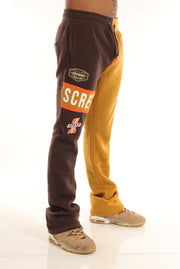 RACING COLOR BLOCK FLEECE PANTS-P11461 (BROWN/KHAKI)