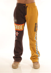 RACING COLOR BLOCK FLEECE PANTS-P11461 (BROWN/KHAKI)