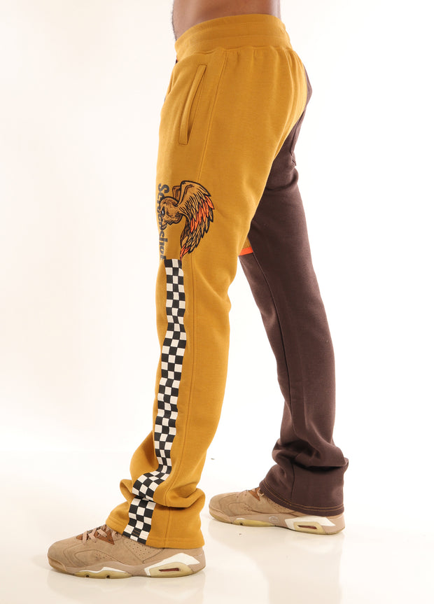 RACING COLOR BLOCK FLEECE PANTS-P11461 (BROWN/KHAKI)