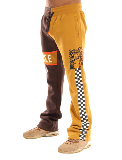 RACING COLOR BLOCK FLEECE PANTS-P11461 (BROWN/KHAKI)