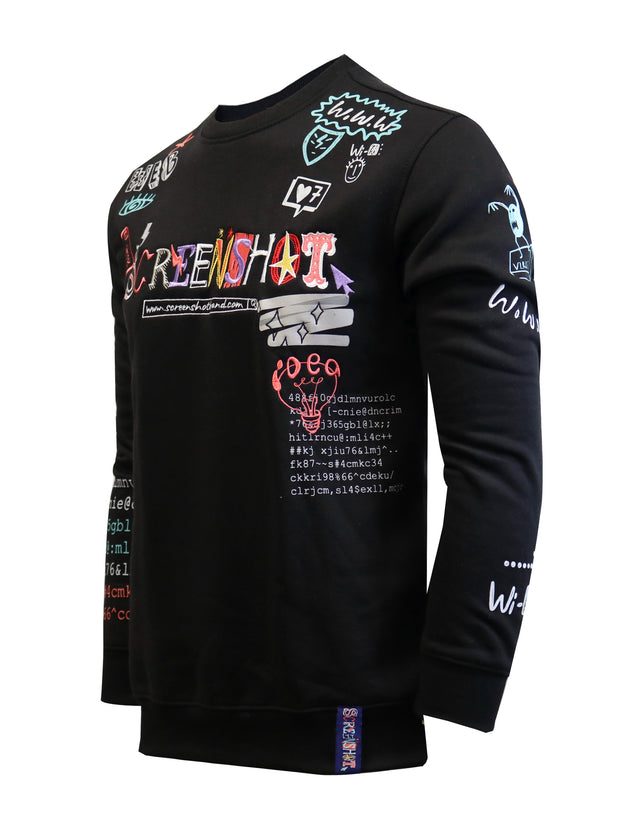 SCREENSHOT GRAFFITI CREW NECK FLEECE SWEAT SHIRTS-F11053 (BLACK)