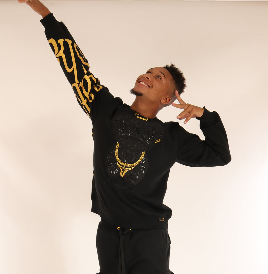 GOLD SCREENSHOT BEAR CREW NECK FLEECE SHIRTS - F11222 (BLACK