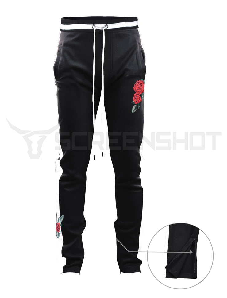 P11853-ROSE EMBROIDERY Slim Track Pants (BLACK/WH)