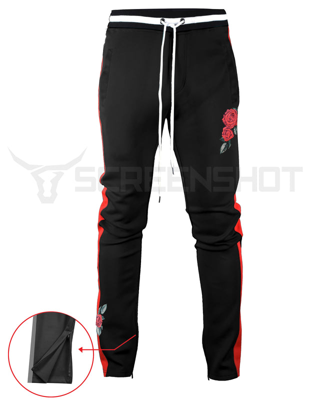 P11853-ROSE EMBROIDERY Slim Track Pants (BLACK/RED)
