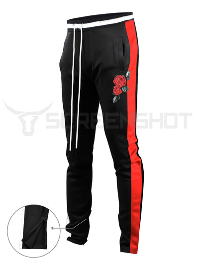P11853-ROSE EMBROIDERY Slim Track Pants (BLACK/RED)