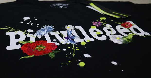 FLOWER EMBROIDERY PREMIUM T-SHIRTS-S11005 (BLACK)