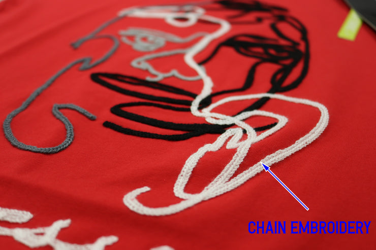 S11017-ART FACE CHAIN EMBROIDERY PREMIUM T-SHIRTS (RED)